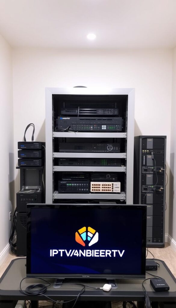 An interior scene showcasing the technical setup for optimal IPTV streaming. In the foreground, a modern TV display shows the IPTVANBIETERTV logo, surrounded by various streaming devices and cables. In the middle ground, a router and network switch provide the necessary internet connectivity. The background features a well-organized equipment rack, housing servers, media players, and other IPTV infrastructure. Soft, diffused lighting creates a calm, professional atmosphere, while the camera angle emphasizes the interconnected nature of the IPTV streaming system. The overall composition conveys the technical expertise and advanced capabilities required for a seamless IPTV viewing experience.