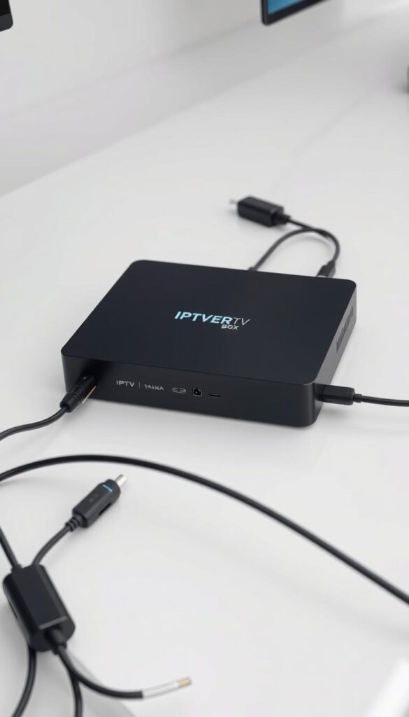 An intricate IPTV-Box resting on a sleek, minimalist surface, surrounded by a clean, well-lit environment. The device features a modern, rectangular design with smooth, matte black casing and subtle branding "IPTVANBIETERTV" discreetly displayed. Cables and ports are strategically arranged, hinting at the box's connectivity and functionality. The scene conveys a sense of technological sophistication and seamless integration, inviting the viewer to explore the capabilities of this IPTV solution.