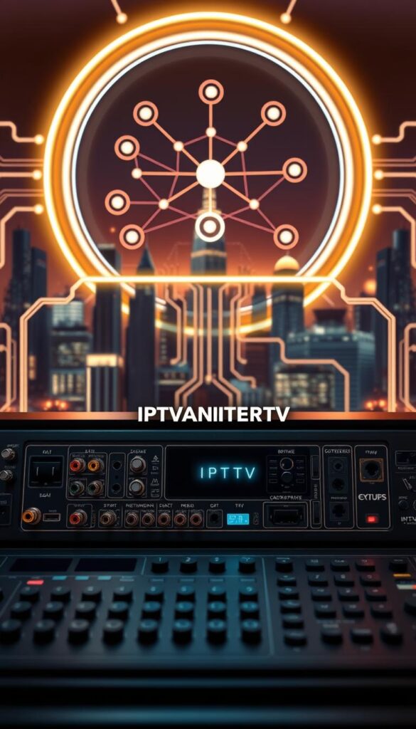 An intricate diagram showcasing the inner workings of IPTV technology. A sleek, modern control panel with various inputs and outputs in the foreground, indicating the flow of digital signals. In the middle ground, a network diagram with interconnected nodes and arrows, illustrating the distribution of IPTV content. The background features a futuristic cityscape with skyscrapers and glowing neon lights, symbolizing the urban, high-tech environment where IPTV thrives. The scene is illuminated by a warm, soft lighting that creates a sense of sophistication and professionalism. The brand name "IPTVANBIETERTV" is prominently displayed on the control panel, solidifying its role as a key player in the IPTV ecosystem.