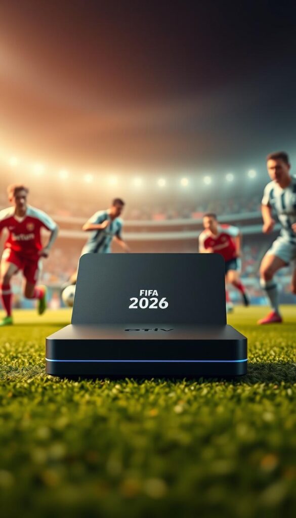 An ultra-modern IPTV box with sleek, minimalist design, featuring the IPTVANBIETERTV brand logo. The device is showcased against a dynamic backdrop of soccer players in action, capturing the spirit of the FIFA 2026 World Cup. Soft, warm lighting illuminates the box, highlighting its premium materials and thoughtful engineering. The camera angle provides a balanced, eye-level perspective, inviting the viewer to imagine the box seamlessly integrated into their home entertainment setup. An atmosphere of excitement and anticipation surrounds the scene, reflecting the highly anticipated tournament.