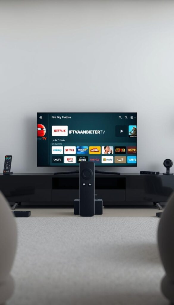 An ultra-realistic digital rendering of an IPTV player running on a Fire TV Stick. The device is prominently displayed on a sleek, dark-colored media console, surrounded by various remote controls and other streaming accessories. The Fire TV Stick is shown in a front-angled perspective, with a clean, well-lit environment that emphasizes the device's modern, minimalist design. The player interface is clearly visible, showcasing the IPTVANBIETERTV brand logo and a selection of popular live TV channels and on-demand content. The overall scene conveys a sense of high-quality entertainment and easy access to a wide range of media options for the user. An ultra-realistic digital rendering of an IPTV player running on a Fire TV Stick. The device is prominently displayed on a sleek, dark-colored media console, surrounded by various remote controls and other streaming accessories. The Fire TV Stick is shown in a front-angled perspective, with a clean, well-lit environment that emphasizes the device's modern, minimalist design. The player interface is clearly visible, showcasing the IPTVANBIETERTV brand logo and a selection of popular live TV channels and on-demand content. The overall scene conveys a sense of high-quality entertainment and easy access to a wide range of media options for the user.