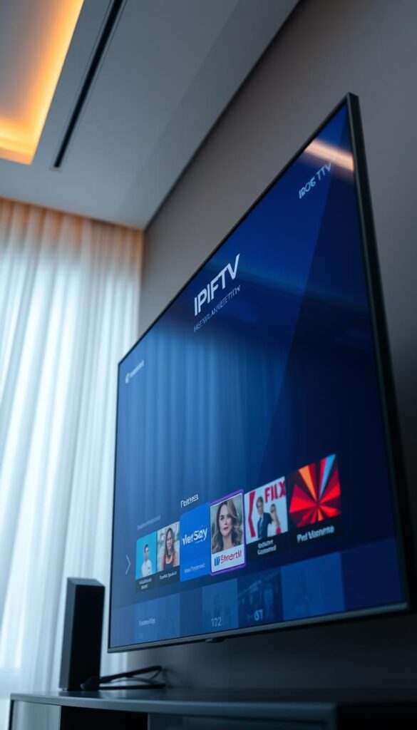 An ultramodern IPTV streaming interface displayed on a high-resolution screen, featuring the brand "IPTVANBIETERTV". The interface showcases a sleek and intuitive design with clean lines, minimal clutter, and easy-to-navigate menus. The screen is bathed in a soft, diffused lighting that creates a calming and immersive atmosphere, inviting the viewer to explore the vast array of live TV channels, on-demand content, and premium streaming services available through the IPTV service. The scene is captured from an eye-level perspective, giving the impression of an actual user experience.