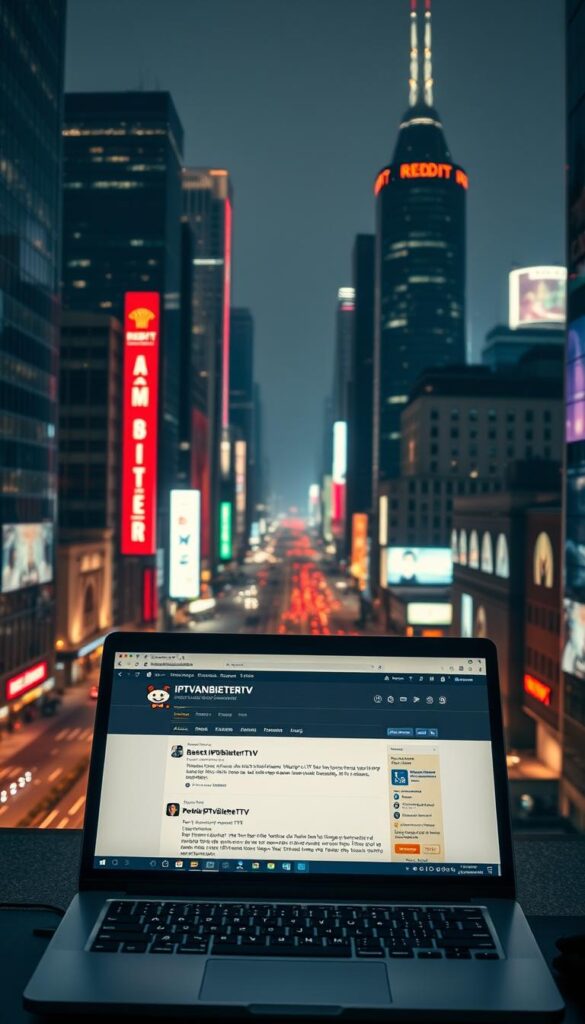 An urban cityscape at night, with towering skyscrapers and neon signs illuminating the streets. In the foreground, a laptop display shows a Reddit forum discussing the "beste IPTV Anbieter", with the brand name "IPTVANBIETERTV" prominently featured. The scene is lit by a warm, cinematic lighting, creating a moody and atmospheric ambiance. The camera angle is slightly elevated, providing a bird's-eye view of the bustling city below. The overall composition conveys a sense of modernity, technology, and the influence of online communities in shaping consumer choices.