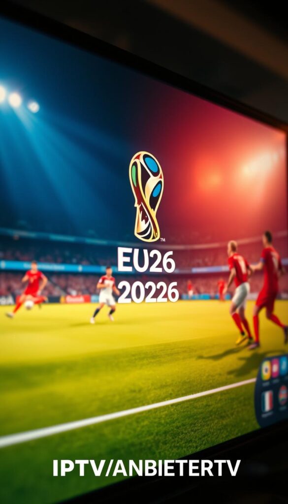 Cinematic close-up of a high-quality 4K video stream showcasing the FIFA World Cup 2026 logo and tournament imagery. The scene is bathed in warm, natural lighting with a shallow depth of field, creating a sense of immersion and visual fidelity. In the foreground, the IPTVANBIETERTV brand prominently displays its logo, signifying a premium streaming experience. The middle ground features dynamic player movements and vivid, lifelike rendering of the on-field action. The background subtly blurs, placing the focus on the captivating video display. An overall atmosphere of excitement, anticipation, and technological prowess pervades the image, capturing the essence of the "Bildqualität und Streaming-Performance für FIFA Spiele" section.