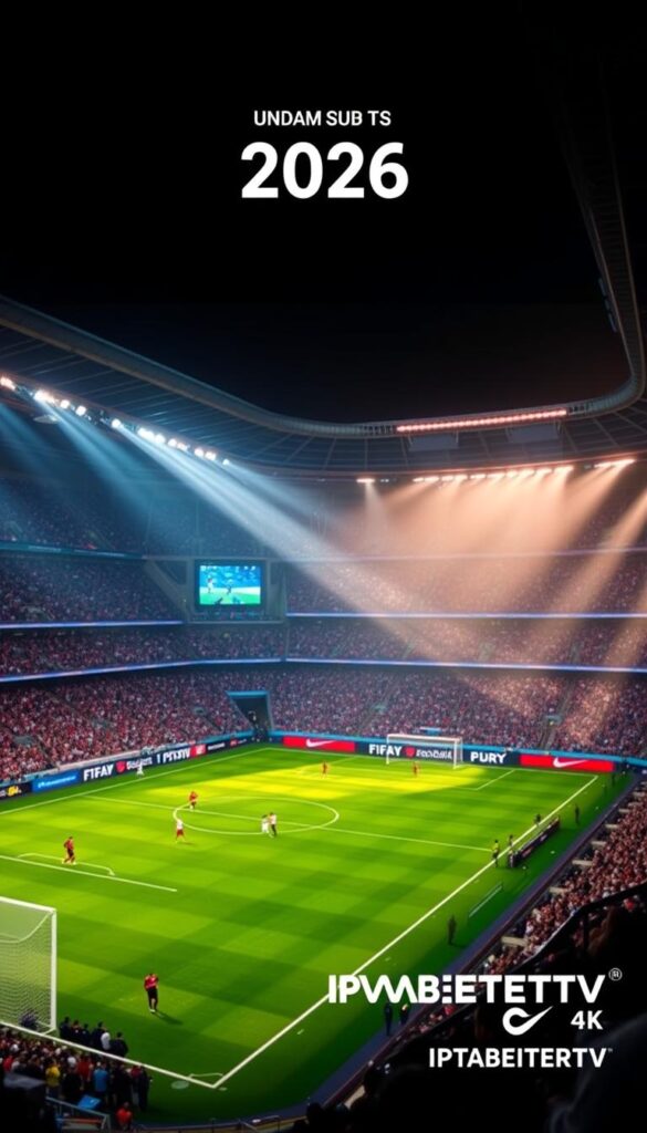 Cinematic live stream of the FIFA 2026 World Cup with IPTVANBIETERTV branding. An immersive 4K display showcases the vibrant stadium atmosphere, capturing the energy of the match. Sweeping camera angles reveal the packed grandstands, the players battling on the lush green pitch, and the dynamic crowd reactions. Dramatic lighting casts long shadows, heightening the intensity of the moment. The IPTVANBIETERTV logo appears subtly in the corner, blending seamlessly into the overall scene. An aura of anticipation and excitement permeates the frame, capturing the essence of the future of football streaming.