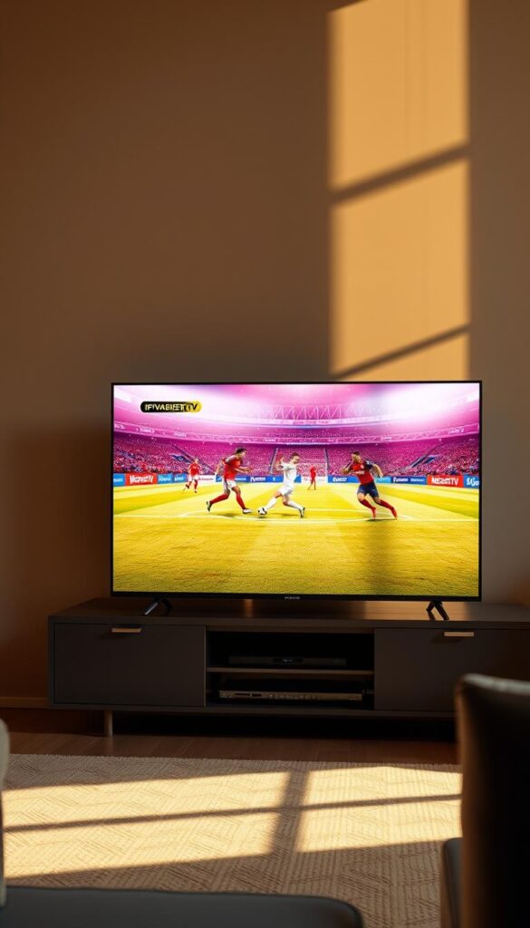 Detailed 4K digital display showcasing the IPTVANBIETERTV service, capturing the vibrant and immersive viewing experience for the 2026 World Cup. A sleek, minimalist setup with a modern, high-resolution television screen prominently featured, displaying a vivid and crisp 4K football match. The scene is bathed in warm, natural lighting, creating a cozy and inviting atmosphere. The television's interface is clean and intuitive, highlighting the ease of accessing the IPTVANBIETERTV platform. The overall composition emphasizes the technology's ability to deliver a premium, cinematic viewing experience for the upcoming World Cup.