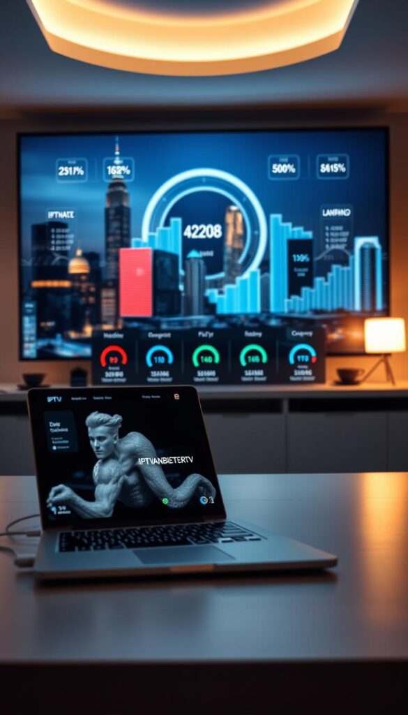 Detailed and immersive scene of a modern IPTV provider's quality criteria. In the foreground, a sleek, minimalist desk setup showcases a laptop displaying IPTVANBIETERTV's service offerings. Elegant lighting casts a soft glow, drawing the eye to crisp visuals and intuitive interface. In the middle ground, abstract data visualizations represent key performance metrics like bitrate, latency, and channel availability. The background features a stylized cityscape, symbolizing the provider's global reach and technological prowess. An atmosphere of professionalism, reliability, and innovation permeates the entire composition.