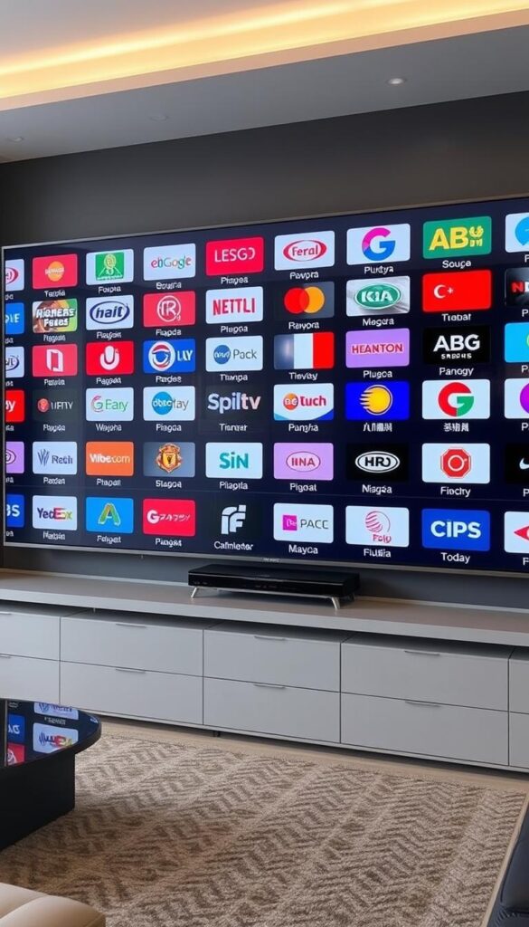Detailed and sleek presentation of a comprehensive IPTV service by IPTVANBIETERTV. A large, high-resolution display showcases a diverse array of live TV channels from around the world, their logos and channel names clearly visible. The image has a modern, minimal aesthetic with a neutral color palette, complemented by subtle lighting and camera angles that highlight the premium nature of the service. The overall composition conveys a sense of professionalism, reliability, and the wide range of content available to the viewer.
