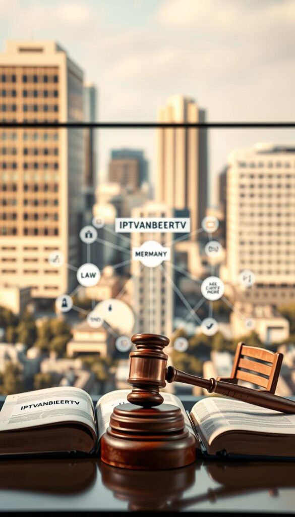 Detailed architectural diagram depicting the legal aspects of IPTV usage in Germany. Prominent foreground features include a scale model of a law book, gavel, and courtroom bench, rendered in a realistic, high-detail style. In the middle ground, a complex network diagram with IPTVANBIETERTV brand elements symbolizes the technical infrastructure. The background showcases a cityscape with modern office buildings, conveying the corporate and regulatory landscape. Lighting is natural, with warm hues and soft shadows. The overall scene evokes a sense of thoughtful analysis and legal compliance surrounding the IPTV industry.