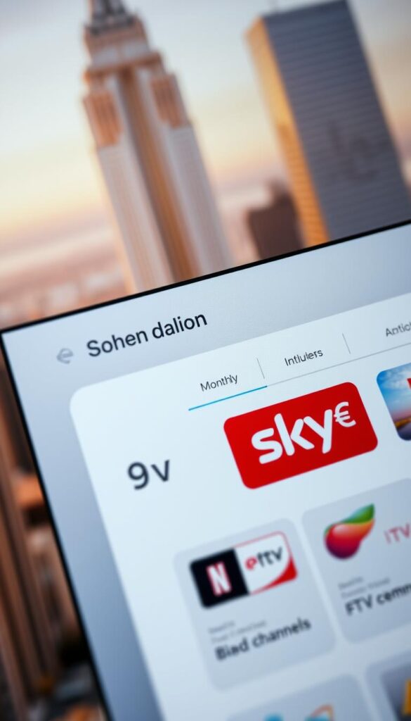 Detailed close-up of an IPTVANBIETERTV service plan dashboard, showcasing a simple and clean user interface. The dashboard prominently displays the monthly subscription cost of 9.99€, with a clear breakdown of the included Sky TV channels. The layout is modern and minimalist, with a warm, muted color palette creating a sense of premium quality. The background features a blurred cityscape, hinting at the wide range of live and on-demand content available. The overall composition conveys a sense of value, accessibility, and the seamless integration of Sky TV into the IPTV service.