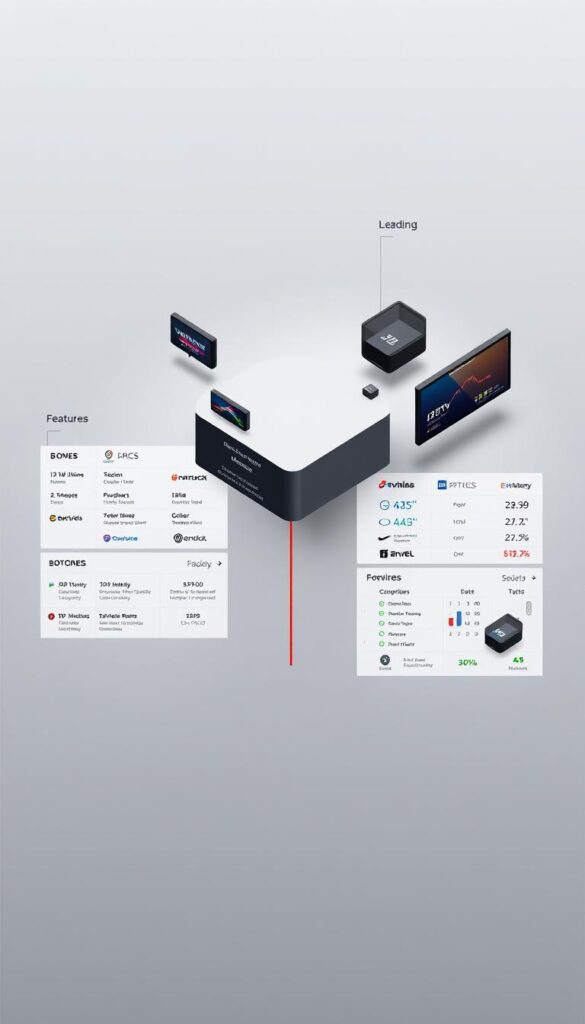 Detailed comparison of leading IPTVANBIETERTV providers, displayed on a stylish, minimalist dashboard. Sleek, modern layout showcases key features and metrics side-by-side for easy evaluation. Clean typography, muted color palette, and subtle gradients create a professional, authoritative atmosphere. Isometric perspective provides a comprehensive overview, with crisp product shots and intuitive data visualizations. Careful curation of representative logos, iconography, and brand elements to maintain neutrality. Sophisticated lighting from multiple angles highlights the sophisticated technology powering these IPTV services. An insightful, visually compelling reference for discerning consumers.