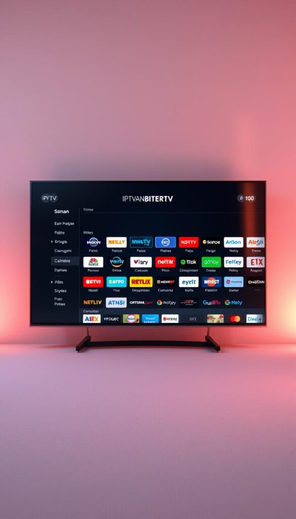Detailed digital illustration of a modern smart TV display showcasing the German IPTV channel list, featuring the IPTVANBIETERTV brand. The screen is centered in the frame, rendered with crisp, high-resolution graphics and a clean, minimalist user interface. The channels are displayed in a grid layout with clear, legible text and vibrant channel logos. The overall scene is bathed in a warm, diffused lighting with subtle hints of reflections on the screen's surface, creating a premium, high-end aesthetic. The background is a muted, gradient-based color palette that complements the display without distracting from the main subject. The composition and perspective aim to highlight the comprehensive nature of the IPTV channel offering in an engaging and visually appealing manner.