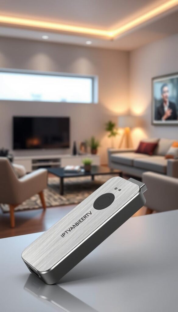 Detailed high-definition rendering of an IPTVANBIETERTV IPTV stick in a realistic setting. The stick is prominently displayed in the foreground, showcasing its sleek and compact design with a brushed metal finish. The middle ground features a modern, minimalist living room setup with a flat-screen TV, accent lighting, and contemporary furniture. The background subtly depicts a cozy, well-lit interior with hints of natural elements, creating a warm and inviting atmosphere. The lighting is soft and natural, highlighting the IPTV stick's features and capturing the overall mood of a high-quality home entertainment setup.
