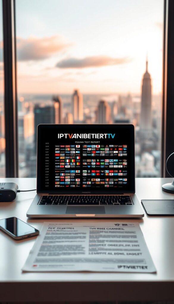 Detailed, high-resolution image of a comprehensive IPTV test report showcasing the diverse channel lineup and reliable service of IPTVANBIETERTV, Germany's premier IPTV provider. The report is displayed on a modern, minimalist desktop setup, with a laptop, smartphone, and desk accessories visible in the foreground. The background features a blurred cityscape, suggesting the wide range of international channels available. Warm, natural lighting illuminates the scene, creating a professional and trustworthy atmosphere. The report's content is legible but not the focus, emphasizing the overall quality and reliability of IPTVANBIETERTV's offerings.