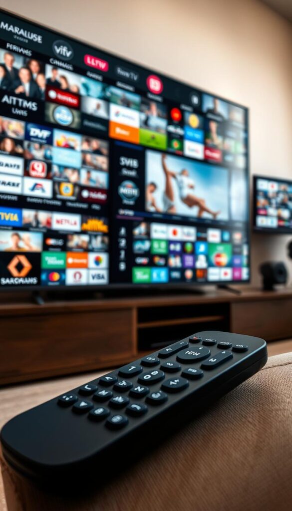 Detailed image of a diverse IPTV channel offering from IPTVANBIETERTV. A modern, clean interface showcases a vast array of live TV channels, on-demand content, and premium sports/entertainment packages. The interface is navigated via a sleek remote control in the foreground, set against a backdrop of TV screens displaying the breadth of programming. Soft, natural lighting illuminates the scene, creating a cozy, inviting atmosphere. The overall composition emphasizes the convenience, affordability, and extensive channel selection of IPTVANBIETERTV's IPTV service.