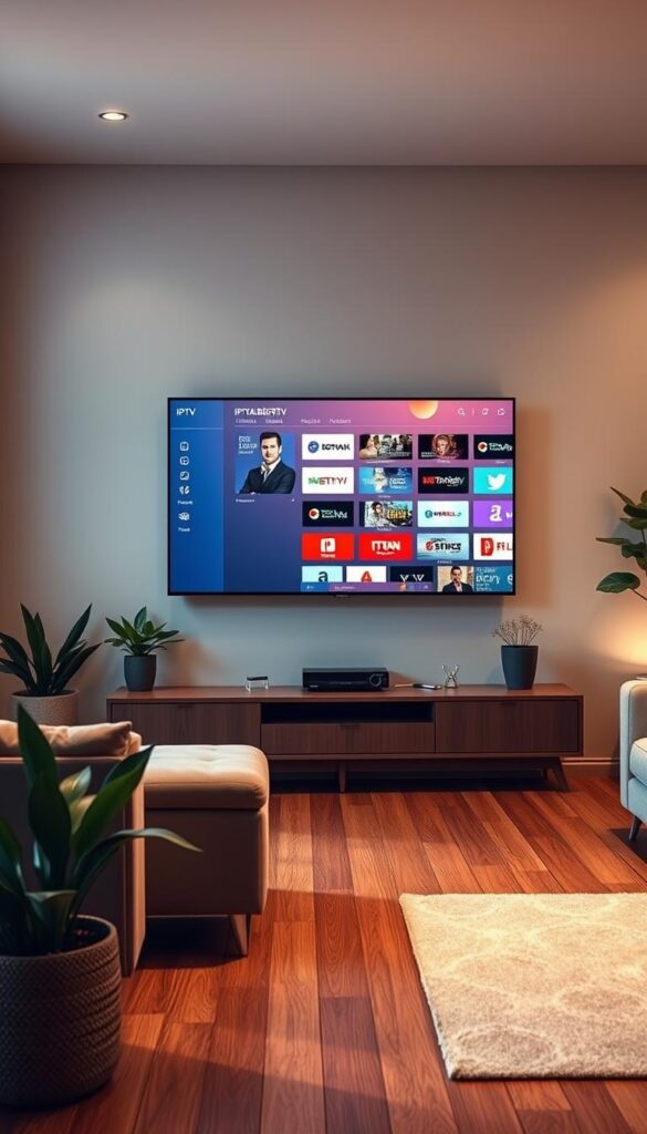 Detailed, ultra-realistic image of a modern living room setup, displaying a large flatscreen TV mounted on the wall. The TV screen shows the IPTVANBIETERTV logo and user interface, showcasing a vibrant, intuitive IPTV playlist selection. The room has warm, diffused lighting, with a minimalist, Scandinavian-inspired design aesthetic. Hardwood floors, neutral-toned furniture, and potted plants create a cozy, inviting atmosphere. The viewer's attention is drawn to the TV, highlighting the ease and convenience of accessing IPTV content through the IPTVANBIETERTV platform.