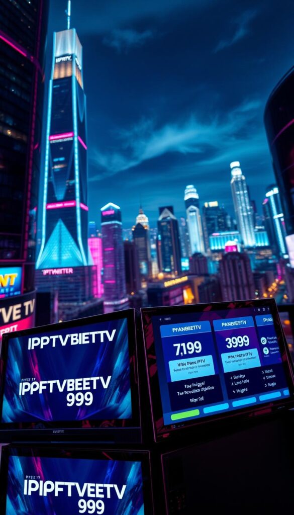 Dramatic low-angle view of a vibrant, neon-lit cityscape at night. In the foreground, a stack of glossy, futuristic-looking TV screens displaying the "IPTVANBIETERTV" brand name. The screens showcase various affordable IPTV pricing plans, ranging from 9.99€ to higher-tier options. The middle ground features a sleek, minimalist interface with pricing details and subscription options. In the background, a panoramic view of a modern, technologically-advanced city skyline with towering skyscrapers and glowing lights. The overall atmosphere is one of innovation, accessibility, and a sense of advancement in the IPTV industry.