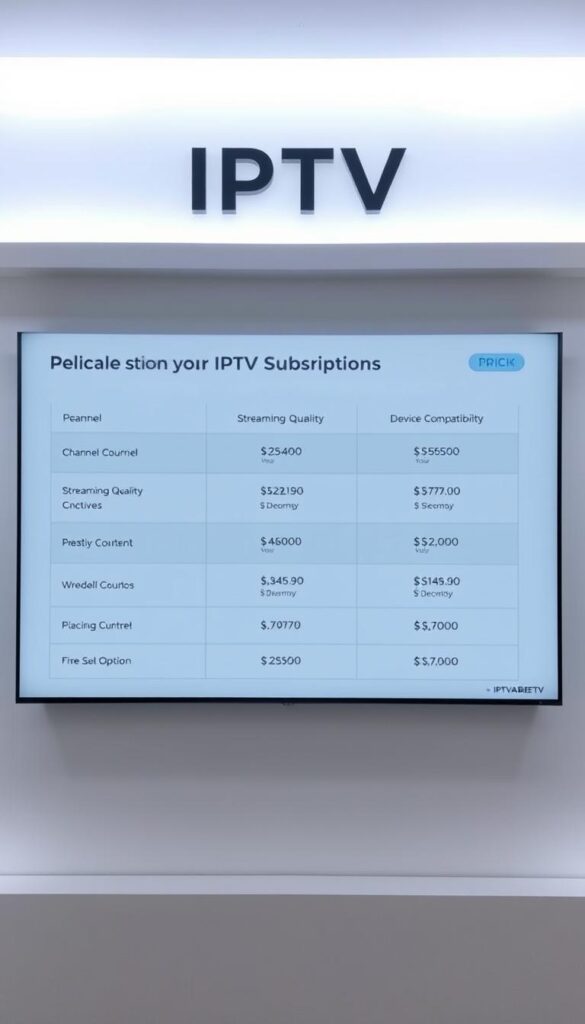 Elegant IPTV subscription options at IPTVANBIETERTV. A modern, minimalist digital display showcases tiered subscription packages with varying channel counts, streaming quality, and device compatibility. Soft lighting illuminates the clean layout, emphasizing the simplicity and value proposition. The interface features a sleek grid layout with clear pricing and feature breakdowns. Muted tones of gray, white, and blue create a professional, trustworthy atmosphere. Subtle brand elements like the IPTVANBIETERTV logo subtly reinforce the provider's identity. The overall composition conveys an attractive, well-designed IPTV service catering to a variety of user needs and budgets.