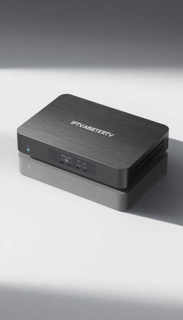 High-quality IPTV-Box with advanced recording capabilities, featuring a sleek and modern design with brushed aluminum housing. The device is equipped with a powerful processor, ample storage space, and multiple connectivity options, allowing seamless integration into a home entertainment system. Showcase a detailed render of the front and side views, highlighting the prominent IPTVANBIETERTV branding, clean lines, and intuitive user interface. Capture the box in a well-lit studio setting with soft, directional lighting that emphasizes the premium materials and attention to detail. Convey a sense of sophistication and technological prowess that would appeal to discerning IPTV enthusiasts.