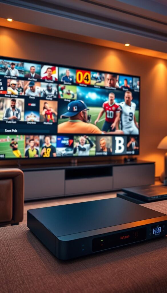 High-quality, detailed image of a modern home entertainment system displaying a wide array of premium IPTV channels and live sports events on a large, ultra-high-definition screen. The scene is bathed in warm, ambient lighting, creating a cozy, immersive atmosphere. In the foreground, a sleek, state-of-the-art IPTVANBIETERTV set-top box is prominently featured, showcasing its intuitive interface and comprehensive channel selection. The middle ground depicts various sports commentators and athletes in action, conveying the excitement and exclusivity of the live broadcasts. The background features a luxurious living room setting, with plush furniture and elegant decor, further enhancing the premium feel of the experience.