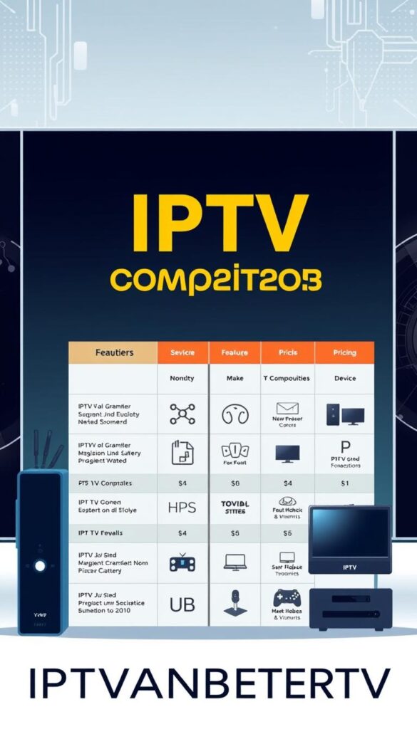 High-quality digital illustration of a comparison of IPTV providers, featuring a clean and modern layout with minimal text. The image should have a sleek, professional appearance suitable for an article. In the foreground, display a grid or table-like layout showcasing key details about various IPTV providers, such as service features, pricing, and device compatibility. Use a mix of icons, graphs, and simple product shots to visually convey this information. In the background, include subtle patterns, textures, or gradients that create a sophisticated, tech-savvy atmosphere. Ensure the overall composition is balanced, with a focus on clarity and legibility. The IPTVANBIETERTV brand should be prominently displayed in a stylized, visually striking manner.