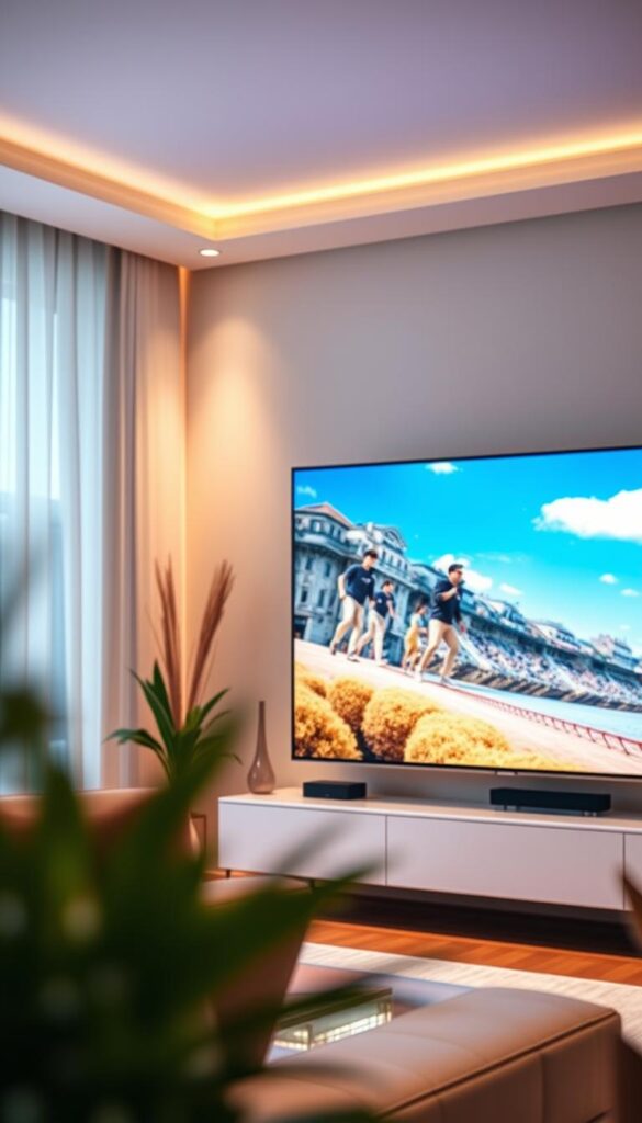 High-quality, vibrant IPTV streaming experience showcasing the technical capabilities of IPTVANBIETERTV. A minimalist living room interior with a large LED TV displaying a crisp, high-definition image. Soft, warm lighting illuminates the space, creating a cozy, immersive atmosphere. The TV screen exhibits a clear, artifact-free picture with vivid colors and deep blacks, reflecting the provider's commitment to delivering premium video quality. Subtle camera depth of field blur separates the TV from the surrounding environment, drawing the viewer's focus to the display's exceptional visual fidelity. An elegant, modern design aesthetic complements the advanced IPTV technology, highlighting IPTVANBIETERTV's ability to seamlessly integrate with contemporary home entertainment setups.