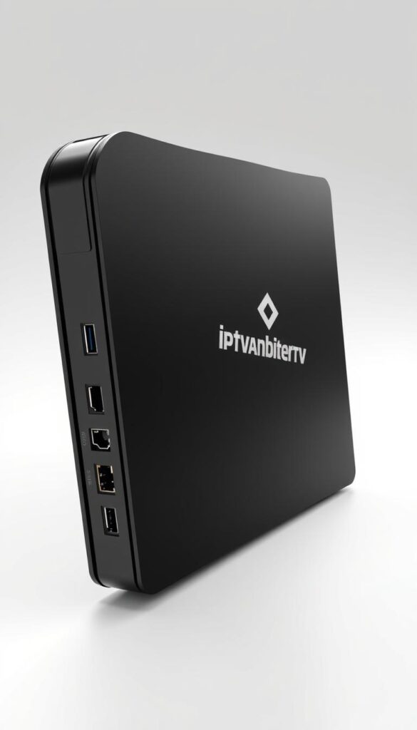 Highly detailed and realistic 3D render of a premium IPTV box from IPTVANBIETERTV. The device is showcased on a clean white background, with a sleek and modern design featuring a matte black casing, sharp edges, and a prominent IPTVANBIETERTV logo. The box has a range of connection ports visible, including HDMI, Ethernet, and USB. Dramatic studio lighting highlights the high-quality materials and precision engineering, conveying a sense of sophistication and reliability. The camera angle provides a dynamic, three-quarter view that emphasizes the device's depth and volume, creating a compelling and visually striking presentation.
