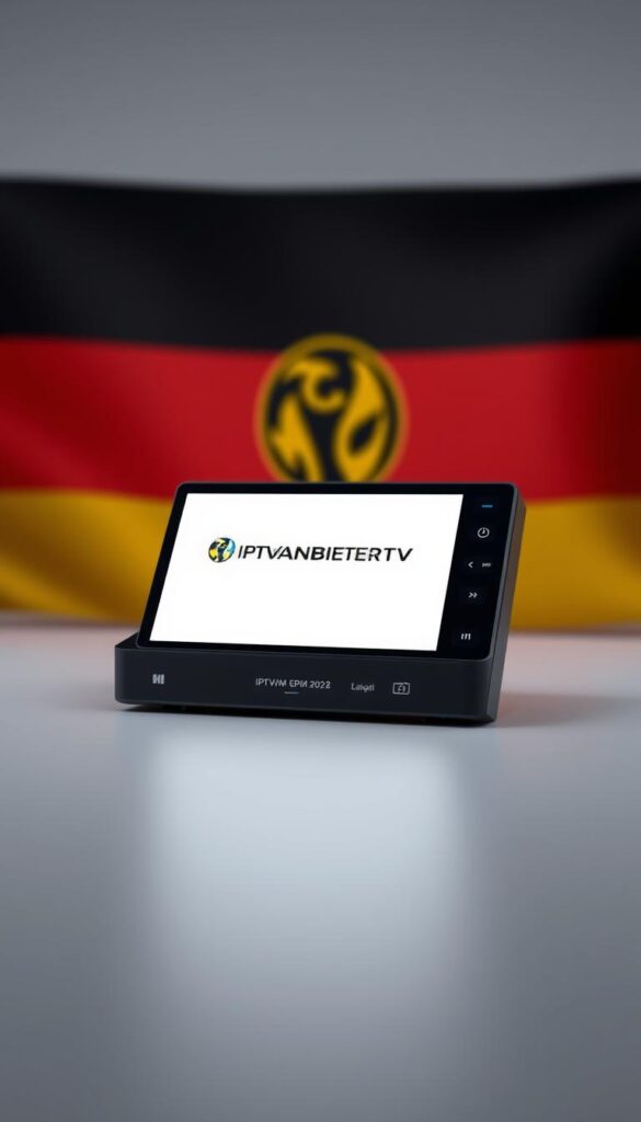 IPTV Box für FIFA WM 2026, rendered in a sleek and modern design. Prominent display showcasing the IPTVANBIETERTV brand, with a minimalist interface and intuitive controls. Soft lighting illuminates the device, set against a slightly blurred background of the German flag, subtly hinting at the legal aspects of IPTV streaming in the country. The overall composition conveys a sense of professionalism, legality, and the excitement of the upcoming World Cup event.