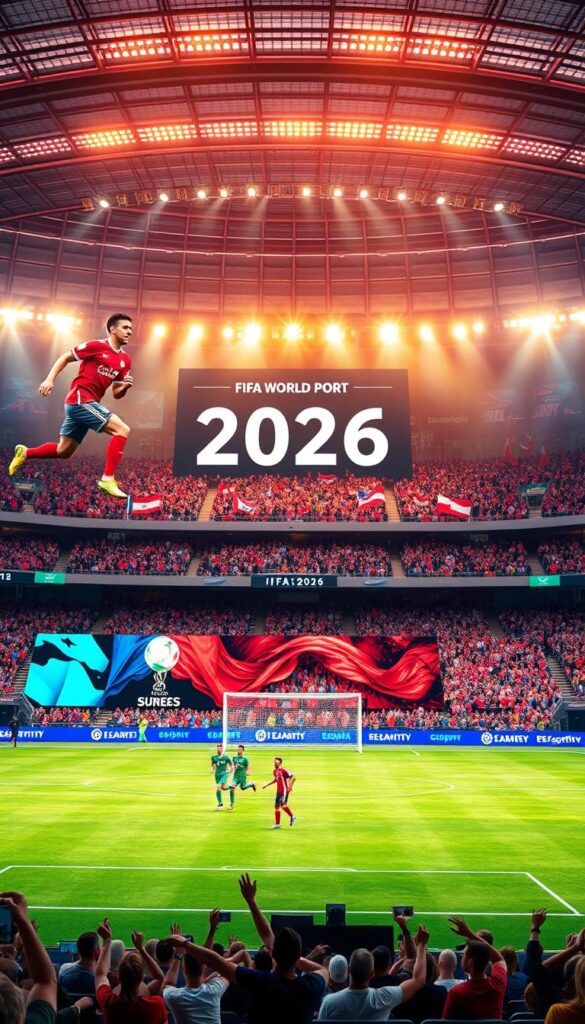 IPTV Live Sport FIFA2026: a dynamic, immersive digital stadium showcasing the 2026 FIFA World Cup matches. In the foreground, a vibrant scoreboard displays the ongoing match, flanked by larger-than-life football players caught in mid-action. The middle ground features a crowd of passionate fans waving national flags and cheering, their expressions filled with excitement. In the background, a sleek, futuristic IPTVANBIETERTV interface presents a seamless, user-friendly platform for live streaming the matches. Warm, saturated lighting casts a sense of energy and anticipation, while a cinematic camera angle captures the grandeur of the event.