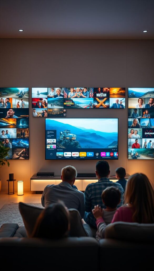 Lush, expansive channels of IPTVANBIETERTV, offering a vast tapestry of entertainment. Crisp, vibrant imagery fills the frame, with a sleek, modern user interface showcasing the breadth of options. Soft, diffused lighting illuminates the display, creating a warm, inviting atmosphere. The camera pulls back to reveal a refined, minimalist living room setting, where a family gathers around, immersed in the captivating content. Subtle depth of field emphasizes the central focus, while the background fades into a harmonious blend of neutrals and subtle accents. The scene exudes a sense of comfort, quality, and the seamless integration of technology into the home.