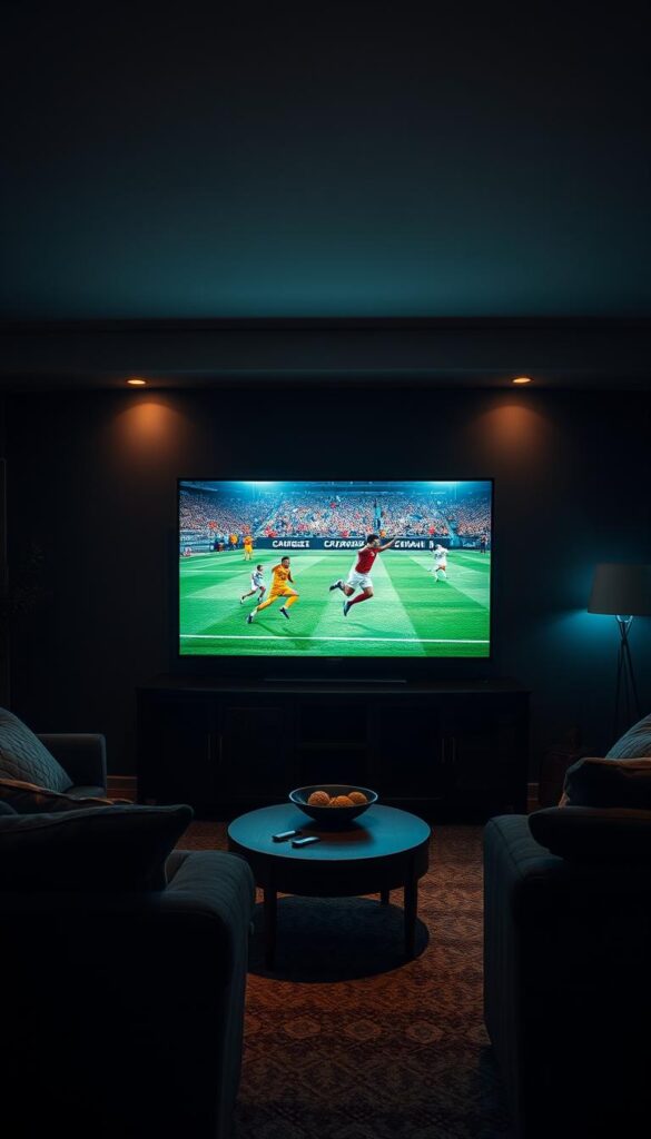 Prompt A cinematic scene showcasing the IPTVANBIETERTV service provider, capturing the magic of the FIFA World Cup on a living room TV screen. A cozy, dimly lit interior with a large, high-definition display taking center stage, surrounded by comfortable furniture and subtle ambient lighting. The screen displays a thrilling match, with players in dynamic motion and the audience erupting in cheers. The image conveys a sense of immersion, as if the viewer is part of the captivating experience. The composition balances the TV screen, the room's decor, and the overall atmosphere to create a visually striking and inviting depiction of the IPTVANBIETERTV service.