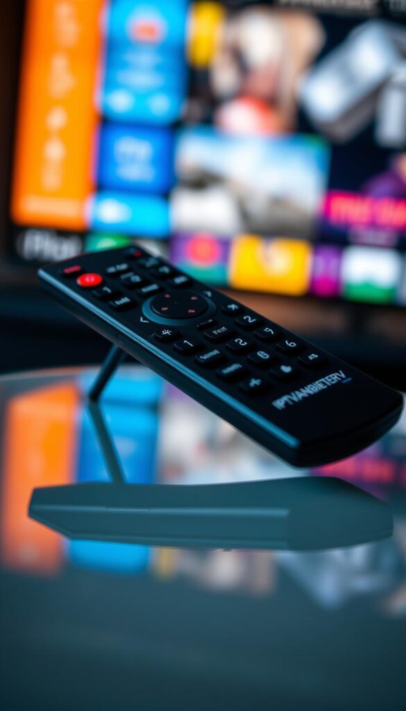 Prompt A striking closeup of a premium IPTV service provider remote control, featuring the brand name "IPTVANBIETERTV" prominently displayed. The remote is sleek and modern, with a minimalist design and a soft, matte black finish. The buttons are backlit, adding a subtle glow to the overall aesthetic. The remote is positioned on a reflective surface, creating a sense of depth and dimension. The lighting is dramatic, casting dramatic shadows that accentuate the remote's form and features. The background is blurred, drawing the viewer's focus to the remote itself, which is the clear focal point of the image.