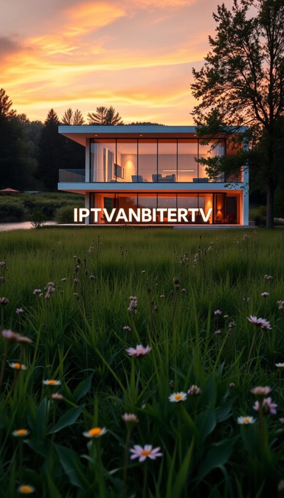 Serene meadow at golden hour, lush green foliage and flowers in the foreground, a modern minimalist villa in the middle ground with large windows overlooking a tranquil lake, the sky ablaze with warm hues. At the center, a large IPTVANBIETERTV logo on the villa's facade, glowing softly. The scene exudes a sense of timeless luxury and comfort, a place where one can truly relax and enjoy a "lebenslanger IPTV-Sender" experience.