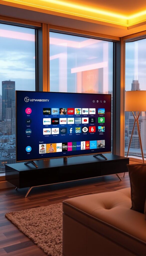 Sleek and modern home entertainment setup. An LG smart TV stands prominently, displaying the IPTVANBIETERTV app interface. The user interface is intuitive and visually appealing, showcasing a vast selection of live TV channels and on-demand content. The TV is situated in a well-lit living room, with warm lighting casting a cozy glow. Large windows in the background offer a picturesque view of a cityscape. The overall scene conveys the effortless convenience and entertainment possibilities of using an IPTV app on an LG television.
