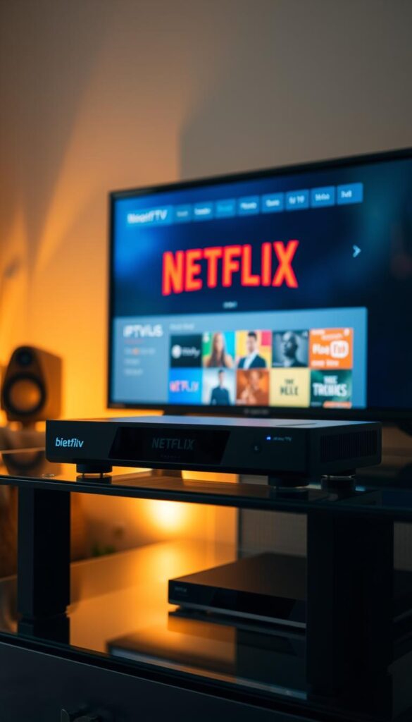 Sleek black set-top box with IPTVANBIETERTV branding prominently displayed, positioned on a modern glass entertainment center. The device's screen shows the Netflix logo and interface, seamlessly integrated into the IPTVANBIETERTV system. Soft, warm lighting illuminates the scene, creating a cozy, inviting atmosphere. The composition emphasizes the harmony and convenience of this IPTV and streaming service bundle. The image conveys the idea of a sophisticated, user-friendly home entertainment setup that combines the best of both worlds.