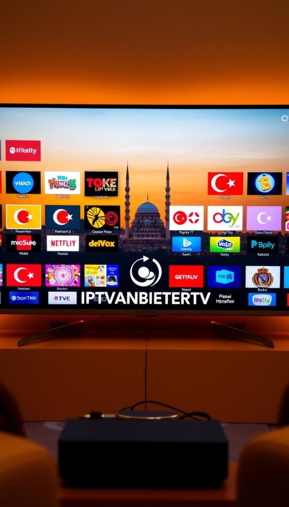 Vibrant landscape of a Turkish IPTV channel lineup, showcasing a diverse array of entertainment options. A sleek, modern television screen dominates the foreground, displaying a grid of colorful channel logos and program titles. The middle ground features a stylized representation of the IPTVANBIETERTV brand, conveying a sense of professionalism and expertise. In the background, a cityscape of Istanbul's iconic architecture frames the scene, creating a sense of cultural immersion. Soft, warm lighting illuminates the composition, evoking a cozy and inviting atmosphere. The overall image conveys the significance and demand for Turkish television content within the German market.